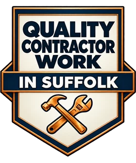 Quality Contractor Work in Suffolk badge with crossed hammer and wrench
