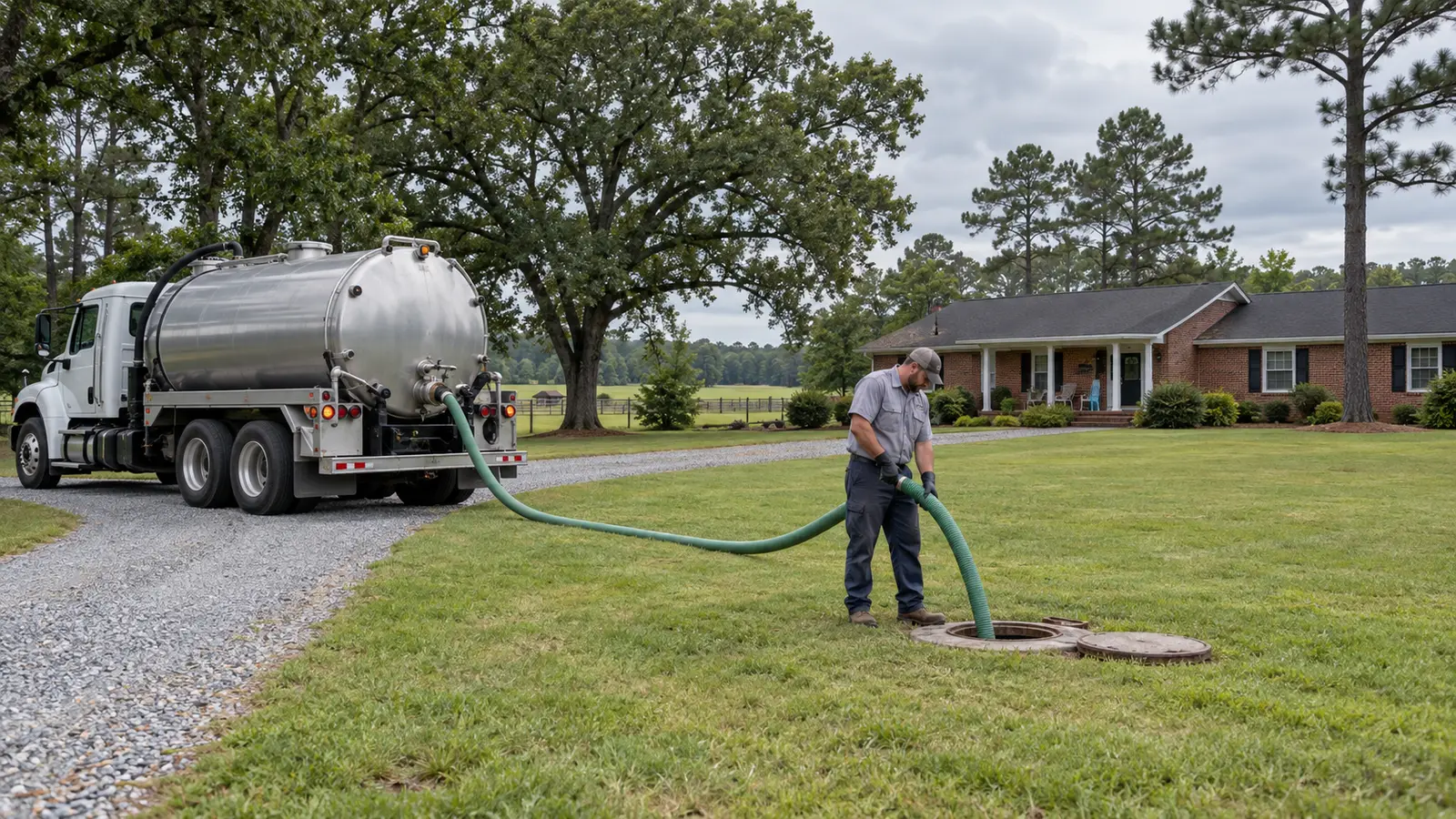 Illustrative septic pumping truck and technician at a Virginia home